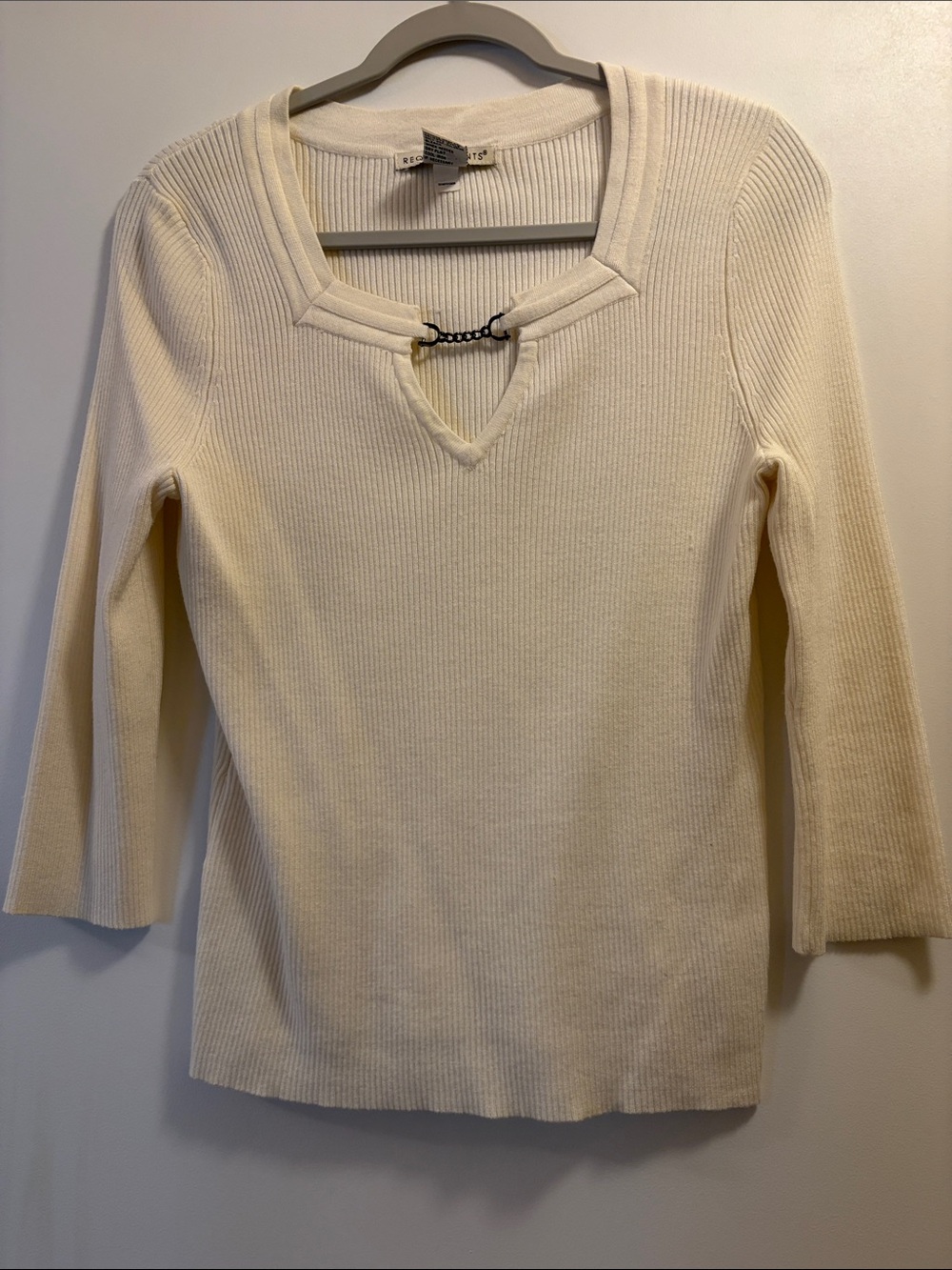 Requirements Cream Ribbed V-Neck Sweater with Chain Detail